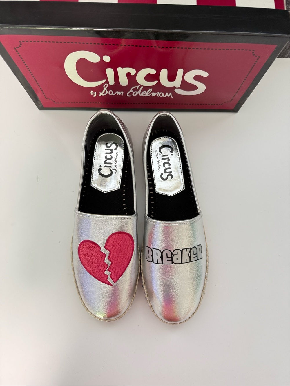 Circus by Sam Edelman Iridescent Silver Espadrilles with Red Heart Patch